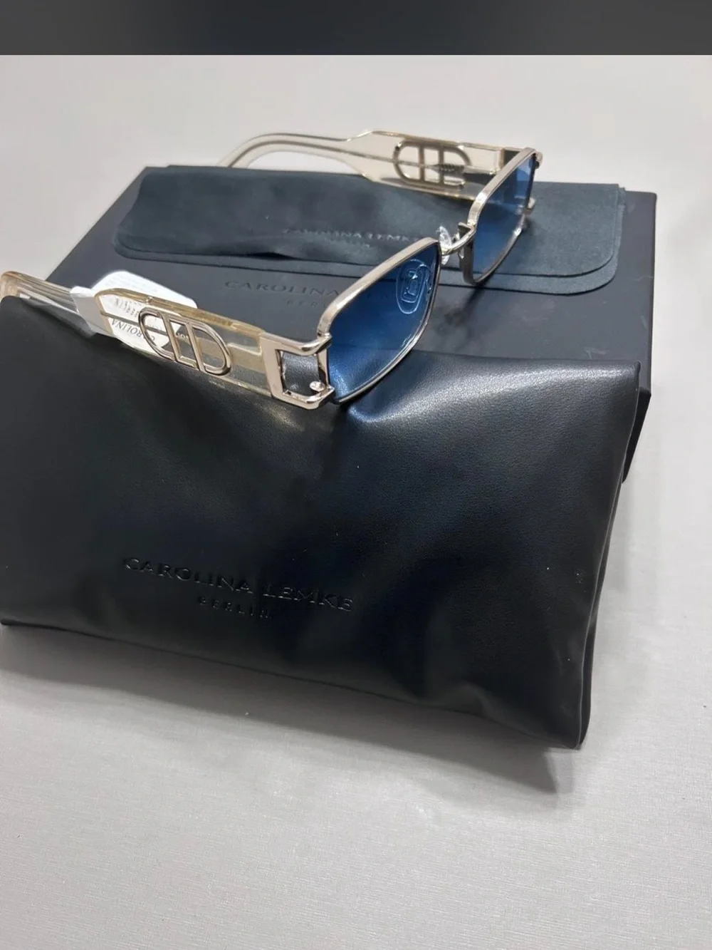 Brand New Carolina Lemke Unisex Rectangular Sunglasses with Blue Lenses